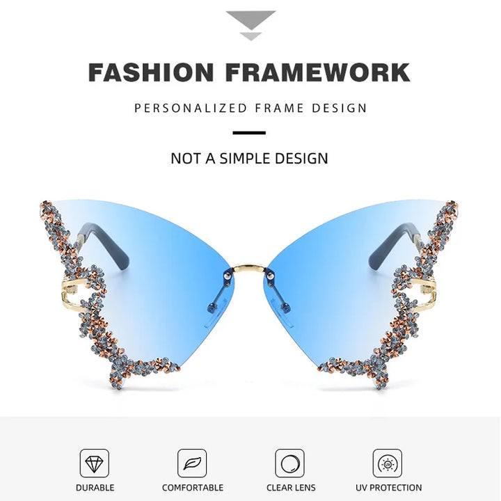 Luxury New Butterfly Shape Diamond Rimmed Rimless Sunglasses Ultraviolet Protection Female Fashion Gradient Color Sun Glasses