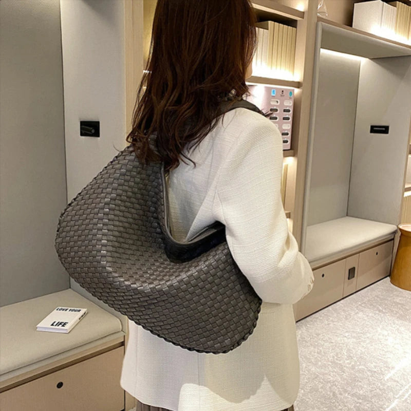 Genuine Leather Handmade Woven Handbag Casual Large Capacity Tote Bag Y2K Female Crescent Bag Luxurious Solid Color Shoulder Bag