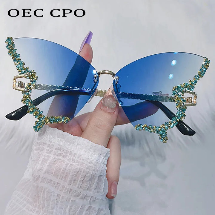 Diamonds Shiny Butterfly Sunglasses Women Rimless Y2k Luxury Sun Glasses Men Trends Punk Rhinestone Shades Female Eyewear UV400