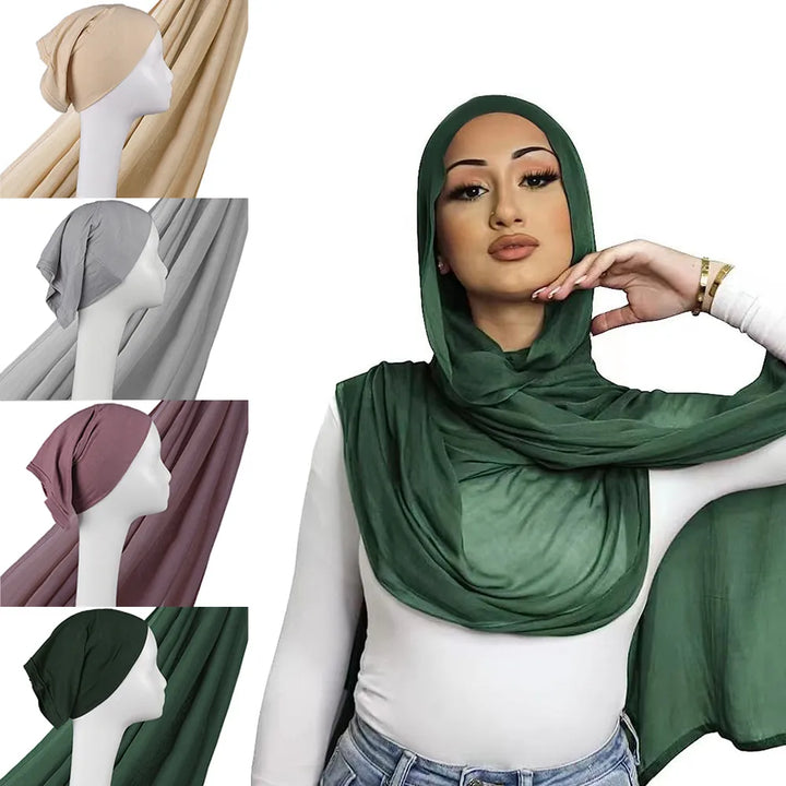 Light Viscose Rayon Shawl One Set Thin Plain Hijabs With Caps High Quality Muslim Fashion Head Scarf Headwraps Islam 185x85cm