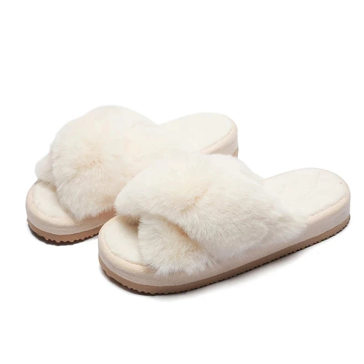 BEVERGREEN Winter Luxury Women Fur Slippers Open Toe Cross Band House Girls Fluffy Slides 3cm Heel Ladies Platform Shoes