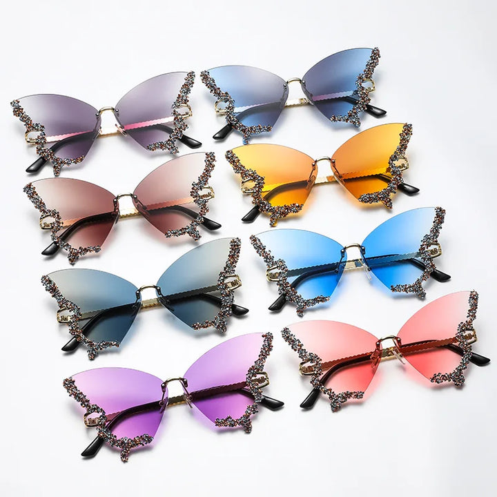 Luxury New Butterfly Shape Diamond Rimmed Rimless Sunglasses Ultraviolet Protection Female Fashion Gradient Color Sun Glasses