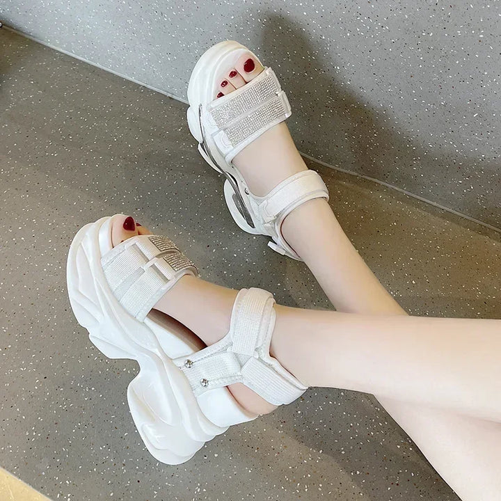 Summer High Platform Women Sandals Buckle 10CM Wedges Bling Shoes Fashion 2023 Outside Chunky Sandals Beach Casual Slides Woman