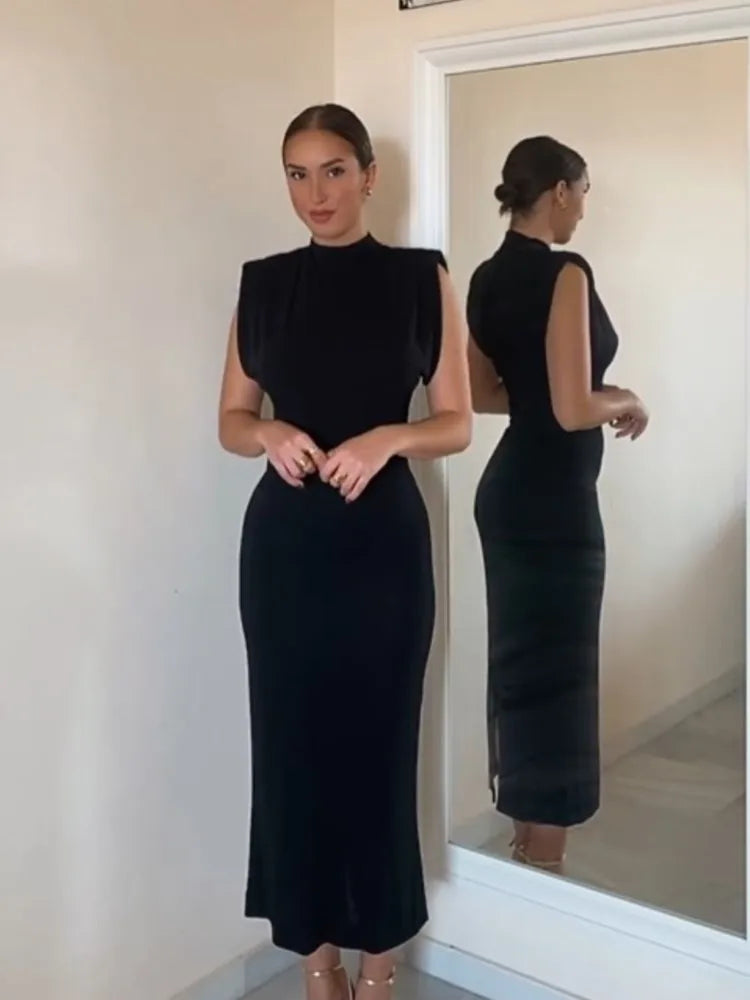 Women Fashion Sexy Midi Dress 2023 Elegant O-Neck Split Sleeveless Slim Dresses Streetwear High Waist Bodycon Vestidos Robes