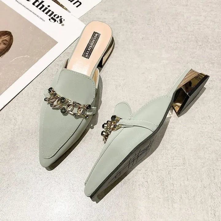 Ladies Muller Slippers Pointed ToeMetal Chain Fashion Office Ladies Shoes High Heels Low Heel Slippers Women's Shoes Summer 2024