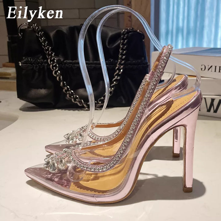 Eilyken PVC Transparent Rhinestone Hollow Out Women Pumps Sexy Pointed Toe Wedding Bridal Stilettos High Heels Sandals Shoes