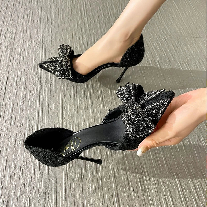 Luxury Pearl Crystal Bowtie White Wedding Shoes Women 2024 Spring Brand Designer High Heels Pumps Woman Thin Heeled Party Shoes