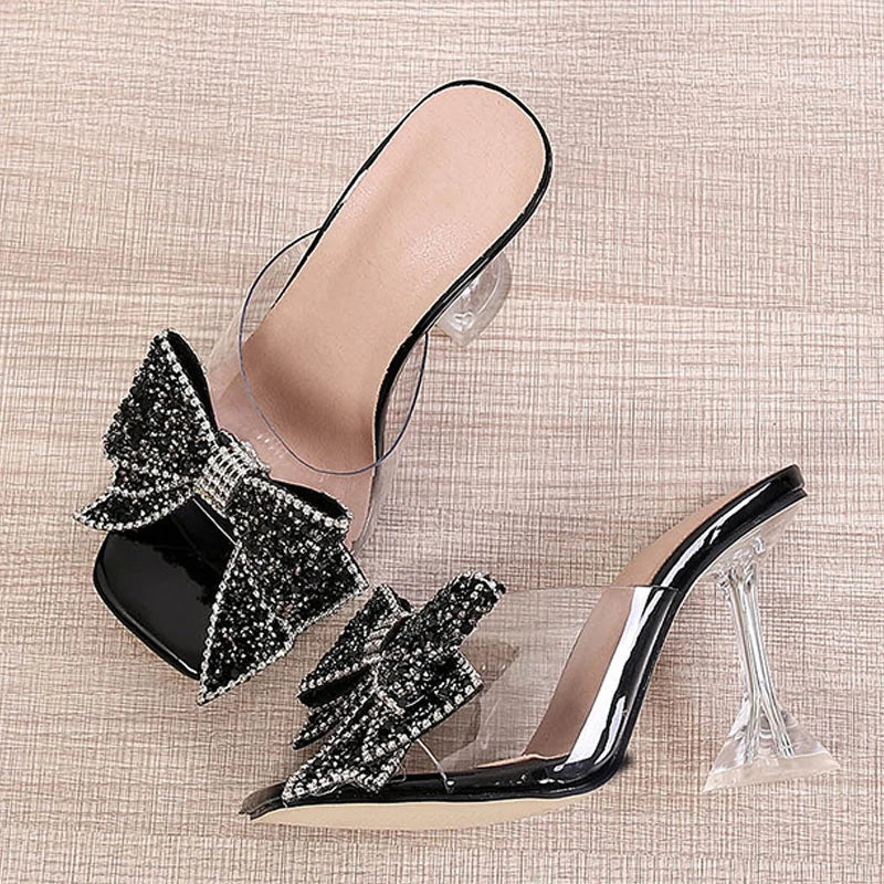 Liyke 2024 New Transparent Slippers For Women Fashion Silver Crystal Bowknot High Heels Female Mules Slides Summer Sandals Shoes