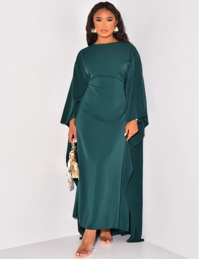 Autumn Fashion Solid Color  Party Dress Muslim Women Round Neck High Waist Large Swing Long Dress Elegant Dress