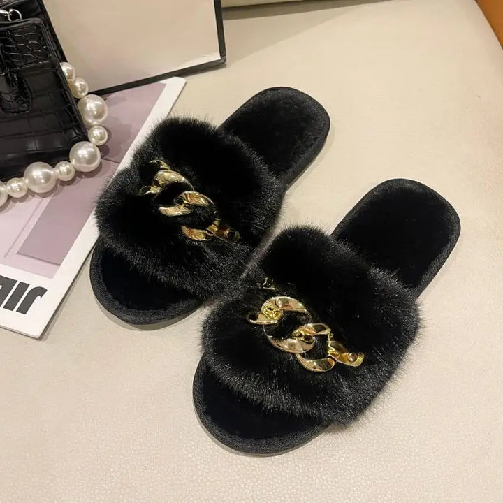 Fluffy Slippers Home Winter Casual Chain Designer Shoes Women Indoor Platform Plush Slides Girls 2024 Fashion Elegant Large Size