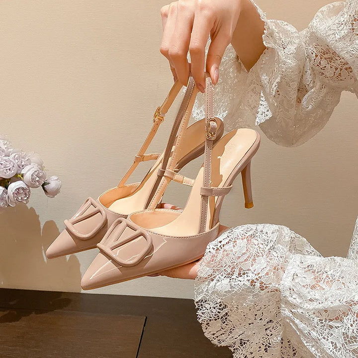 2023 New Summer Metal Buckle Baotou Fashion Sandals Women's Stilettos with Pointed Back Nude Elegant Ladies' Shoes Zaptos Mujer