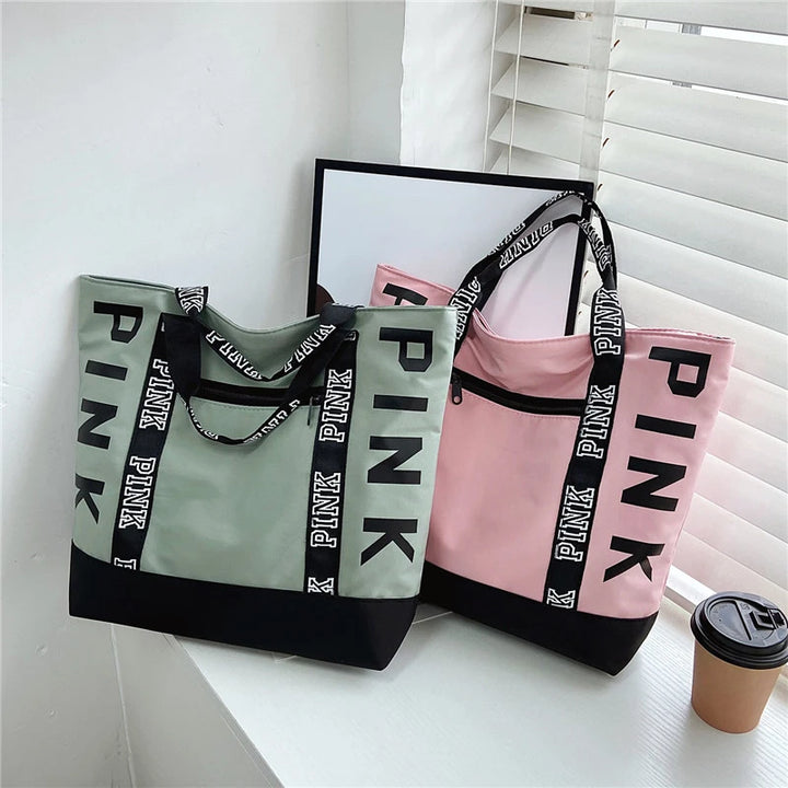 Pink Letter Graphic Tote Handbags Woman Shoulder Bags Casual Sports Fitness Tote Bag Nylon Fabric Bags Women Handbag