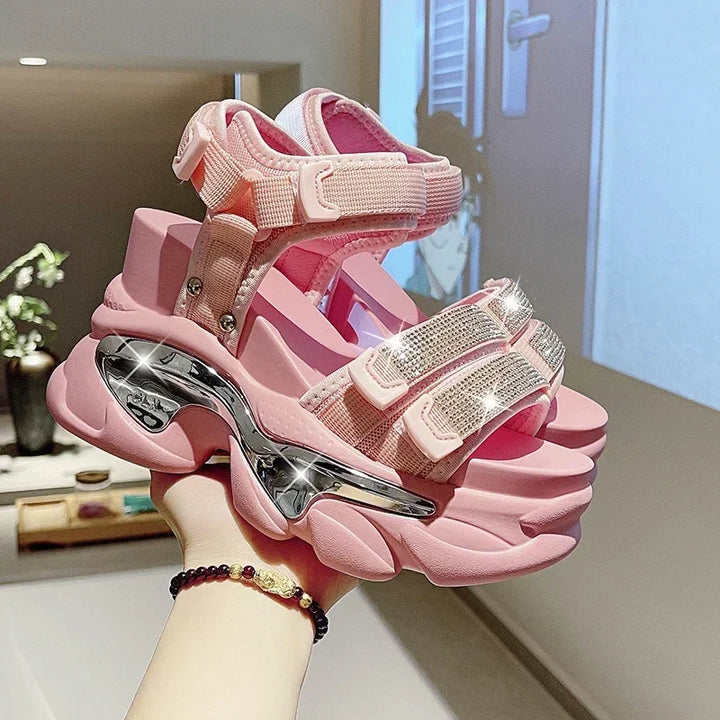 Summer High Platform Women Sandals Buckle 10CM Wedges Bling Shoes Fashion 2023 Outside Chunky Sandals Beach Casual Slides Woman