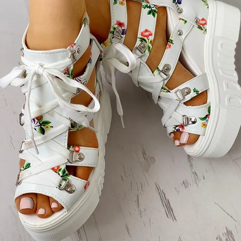 2022 Summer Printing Casual Wedge Women's Shoes Women's Sandals Thick Sole Laces High Heels Casual Women's Shoes Zapatos Mujer