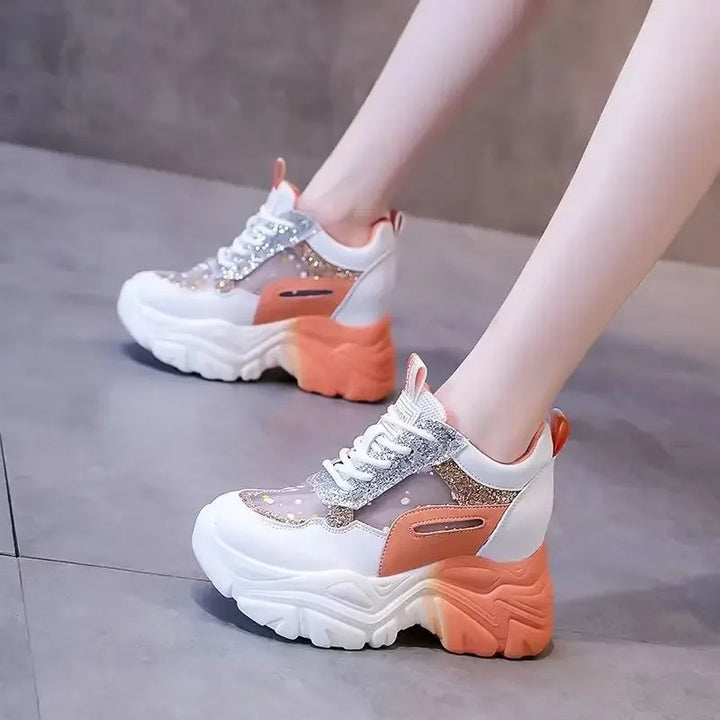 Women Chunky Sneakers Breathable Mesh Casual Shoes 9cm Wedge Heels Platform Shoes Chaussures Femme Sports Dad Shoes2024