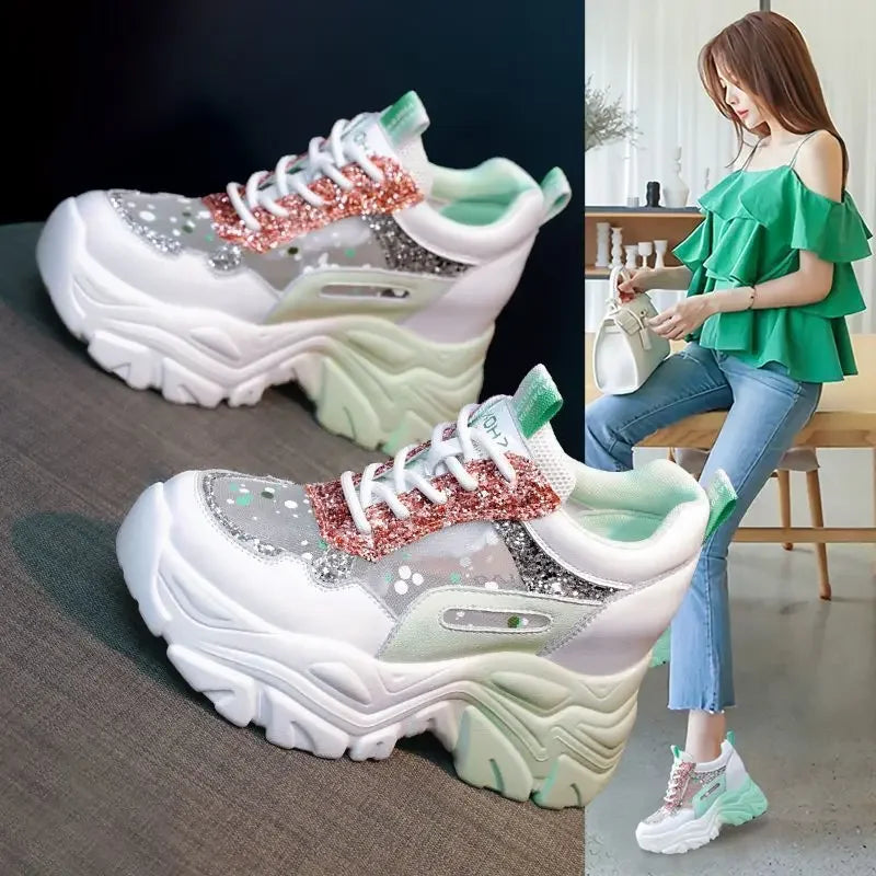 Women Chunky Sneakers Breathable Mesh Casual Shoes 9cm Wedge Heels Platform Shoes Chaussures Femme Sports Dad Shoes2024