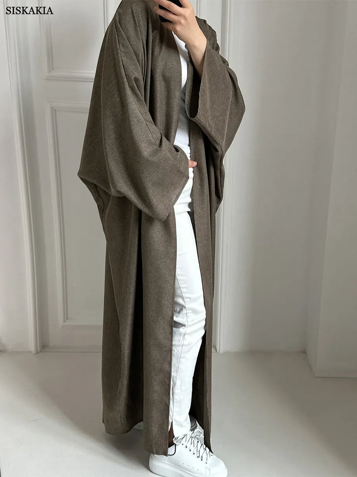 Solid Fashion Kimono Open Abaya for Women Arab Dubai Turkey Moroccan Overcoat Outer Garment Autumn 2023 Islamic Clothing Casual