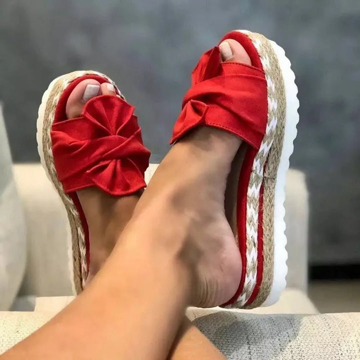 Women Slippers Summer 2022 Platform Wedges Mid Heels Bow Tie Peep Toe Fashion Slides Beach Outdoor Ladies Shoes Zapatos De Mujer