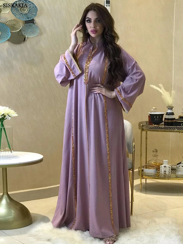 Siskakia Ramadan Abaya Femme Musulmane Moroccan Caftan For Woman Fashion Solid Diamonds Full Sleeve Loose Turkish Dubai Robe