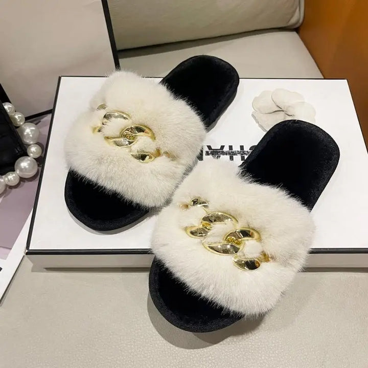 Fluffy Slippers Home Winter Casual Chain Designer Shoes Women Indoor Platform Plush Slides Girls 2024 Fashion Elegant Large Size