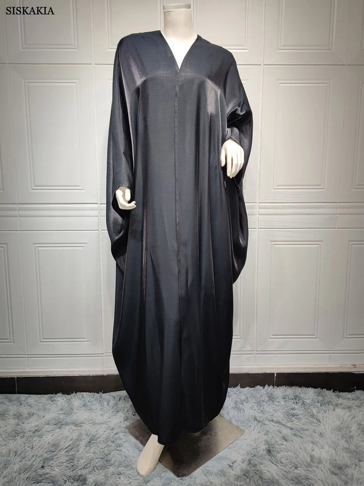 Muslim Fashion Bright Silk Satin Batwing Sleeve Open Abaya Solid Oversized Arab Dubai Moroccan Kaftan Corban Eid Al Adha Robe