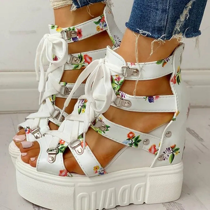 2022 Summer Printing Casual Wedge Women's Shoes Women's Sandals Thick Sole Laces High Heels Casual Women's Shoes Zapatos Mujer