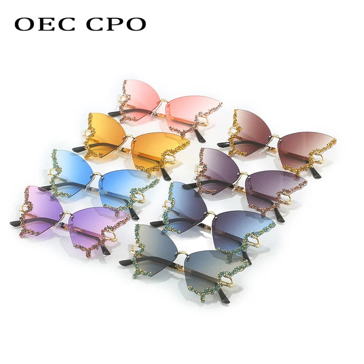 Diamonds Shiny Butterfly Sunglasses Women Rimless Y2k Luxury Sun Glasses Men Trends Punk Rhinestone Shades Female Eyewear UV400