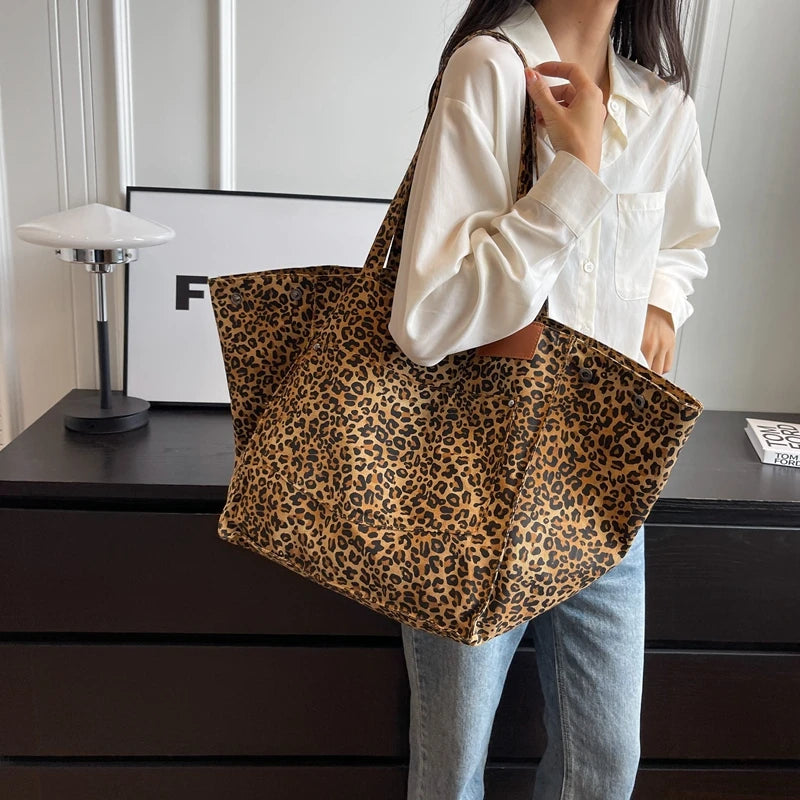 Oversized Leopard Prints Shoulder Bags For Women Deformable Canvas Large Capacity Shopping Totes 2023 Winter New Luxury Handbags