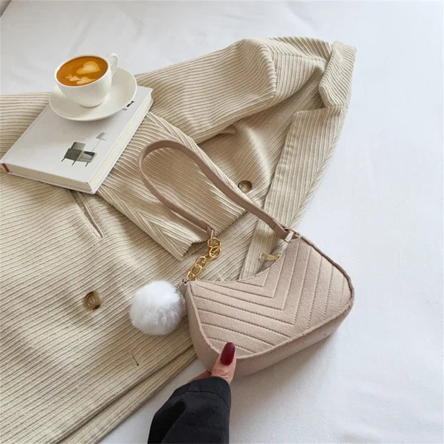 ISKYBOB Women Felt Mini Shoulder Bag Underarm Bags with Plush Pendant Solid Color Casual Handbags Female Pouch Light Weigh Bag