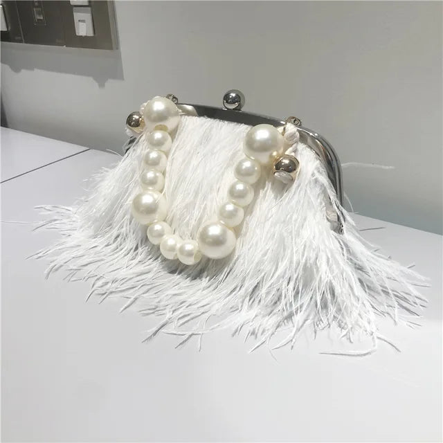 Luxury brand Handle Bag Female Wallet Retro Lux Shoulder Bag New 2022 Fashion Temperament Feathers Pearl Chain Crossbody Clutch