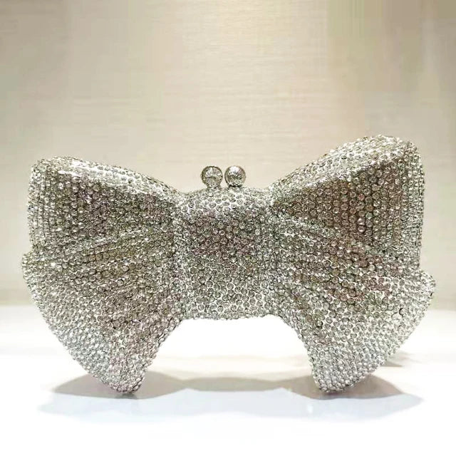 New Luxury Women Crystal Evening Clutch Blue/Green/Orange Diamond Rhinestone Bow Purses Lady Wedding Bridal Handbags Metal Bags