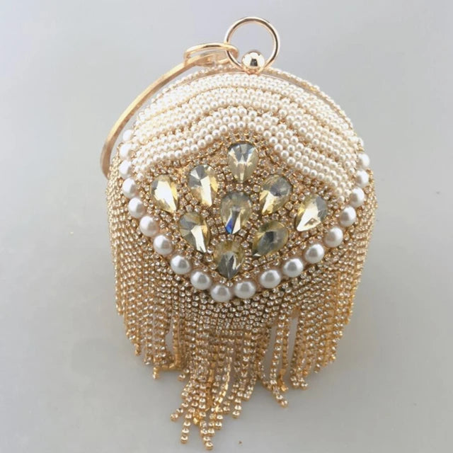 DG PEAFLOW Round Circular Gold Diamond Tassel Bridal  Women Evening Party Crystal Clutch Bag Wedding Wristlets Purse