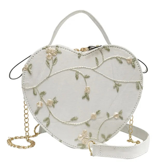 Female Sweet Lace Heart Round Handbags High Quality PU Leather Cross Body Bags for Women Small Fresh Flower Chain Shoulder Bags