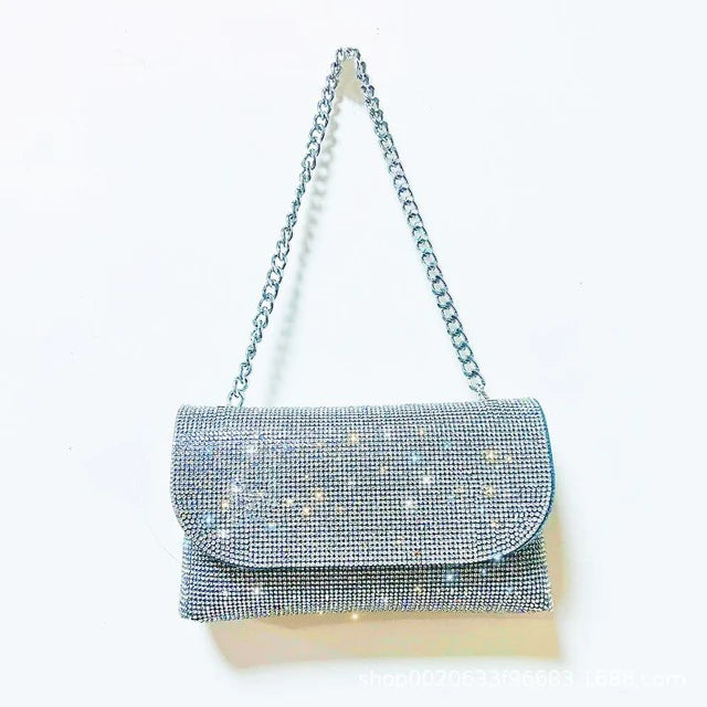 Female Bling Chain Crossbody Bag Ladies Mini Rhinestone Small Envelop Shoulder Purse Full Diamond Messenger Evening Bag