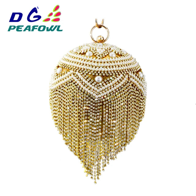 DG PEAFLOW Round Circular Gold Diamond Tassel Bridal  Women Evening Party Crystal Clutch Bag Wedding Wristlets Purse