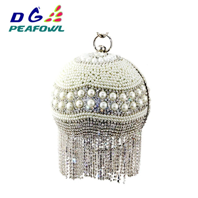 DG PEAFLOW Round Circular Gold Diamond Tassel Bridal  Women Evening Party Crystal Clutch Bag Wedding Wristlets Purse