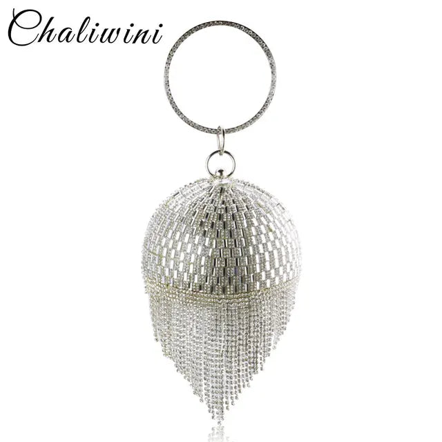 DG PEAFLOW Round Circular Gold Diamond Tassel Bridal  Women Evening Party Crystal Clutch Bag Wedding Wristlets Purse