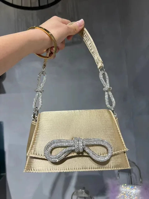 NEW Rhinestone Bow Fashion Handbags For 2022 Women Chic Boutique Shiny Crystal Satin Small Evening Clutch Purse Wedding Party