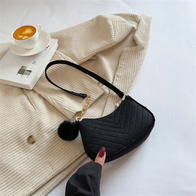 ISKYBOB Women Felt Mini Shoulder Bag Underarm Bags with Plush Pendant Solid Color Casual Handbags Female Pouch Light Weigh Bag