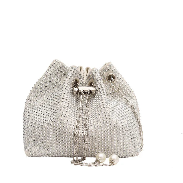 Women Fashion Diamonds Rhinestone Bucket Bags Retro Pearl Chain Ladies Shoulder Bags Shiny Small Crossbody Bags Female Handbags