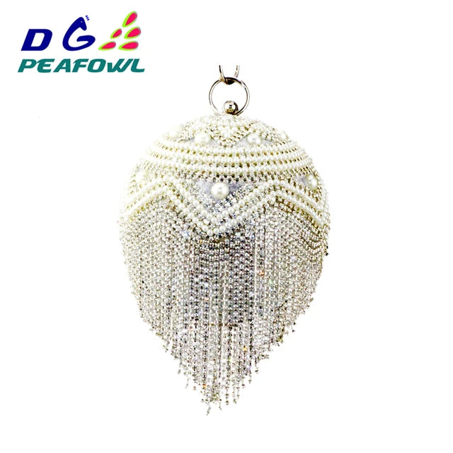 DG PEAFLOW Round Circular Gold Diamond Tassel Bridal  Women Evening Party Crystal Clutch Bag Wedding Wristlets Purse