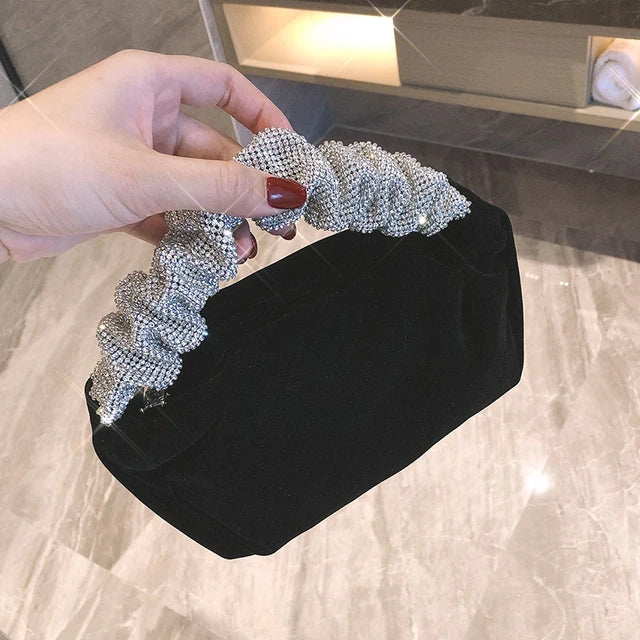 Formal Velvet Evening Clutch For Women Rhinestone Wedding Handbags Stylish Prom Cocktail Party Mini Purse Black