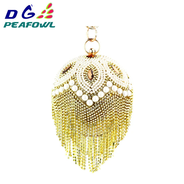 DG PEAFLOW Round Circular Gold Diamond Tassel Bridal  Women Evening Party Crystal Clutch Bag Wedding Wristlets Purse