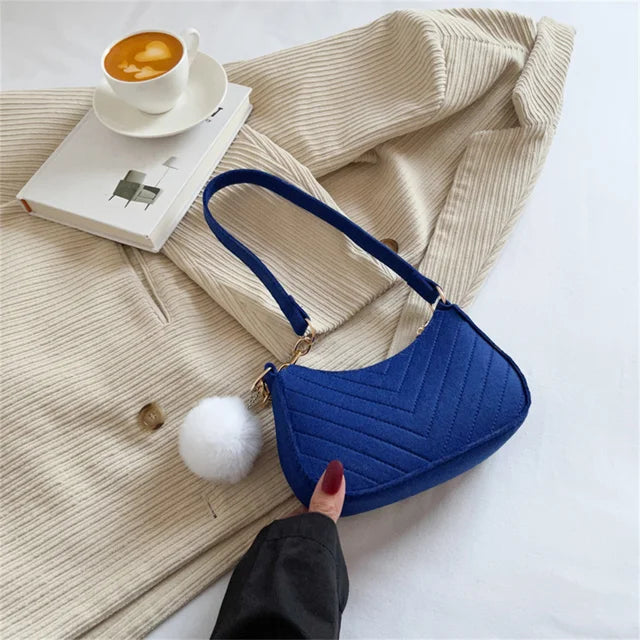 ISKYBOB Women Felt Mini Shoulder Bag Underarm Bags with Plush Pendant Solid Color Casual Handbags Female Pouch Light Weigh Bag