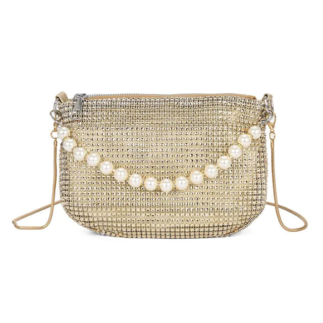 Pearl Full Rhinestone Delicate Handbag Fashion Shiny Gold Party Dinner Bag Shoulder Bag Elegant Silver Women'S Phone Money Purse