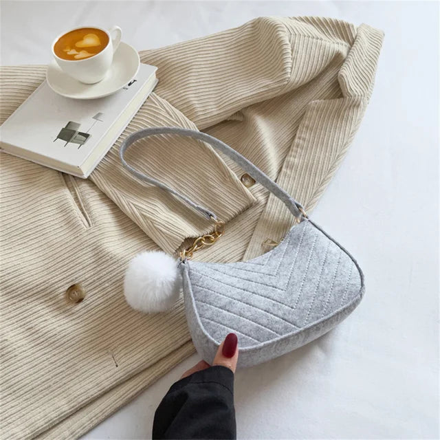 ISKYBOB Women Felt Mini Shoulder Bag Underarm Bags with Plush Pendant Solid Color Casual Handbags Female Pouch Light Weigh Bag