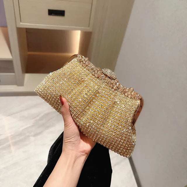 Bling Rhinestone Evening Bag Luxury Dress Clutch Wedding Bride Hand Bag Shiny Designer Party Pleated Dinner Long Purse XA764H