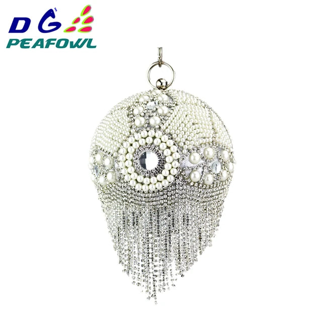 DG PEAFLOW Round Circular Gold Diamond Tassel Bridal  Women Evening Party Crystal Clutch Bag Wedding Wristlets Purse