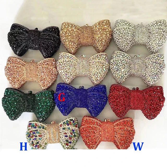 New Luxury Women Crystal Evening Clutch Blue/Green/Orange Diamond Rhinestone Bow Purses Lady Wedding Bridal Handbags Metal Bags