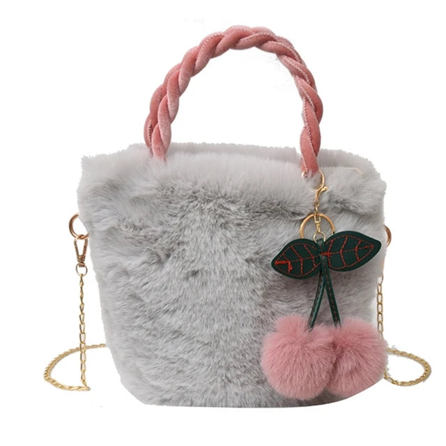 Plush Shoulder Bag with Cherry Pendant for Women Girl Trendy Handbag Tote Bag